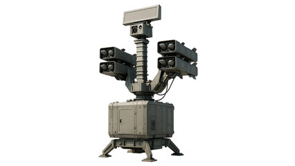 Realistic Render of Stationary Air Defense Tower with Telescopic Radar Mast and Missile Pods