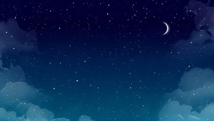 Fototapeta premium Dark blue night sky with crescent moon stars and clouds during a gentle rain
