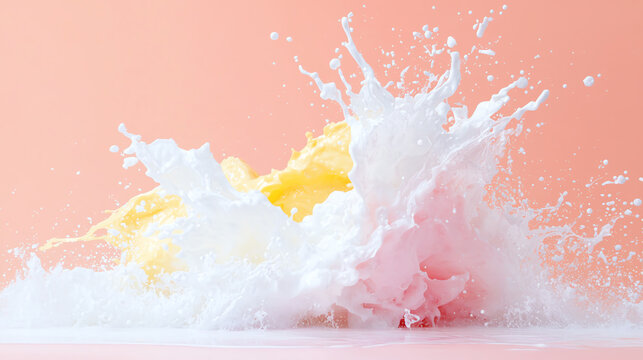 A vibrant splash of liquid colors creating a refreshing and dynamic visual on a soft pastel background.