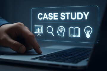 Analyzing case study data with digital icons on a laptop screen
