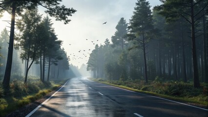 Obraz premium Wet road leads into a misty forest scene with sun rays and birds flying overhead, capturing a sense of adventure and nature.