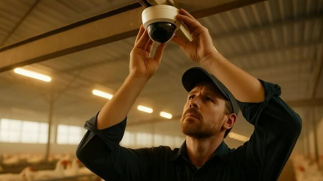 Monitoring livestock health farm barn video surveillance agricultural environment side view smart farming concept