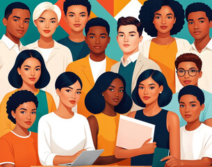 Vector portrait, multinational students representing higher education, global learning and academic success. Concept of future, diversity and collaboration