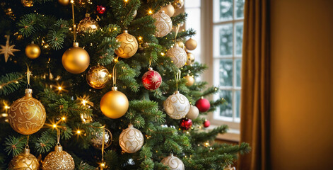 Festive New Year tree decorated with bright toys, balls and garlands. Cozy living room interior. Christmas, winter, holiday, home atmosphere