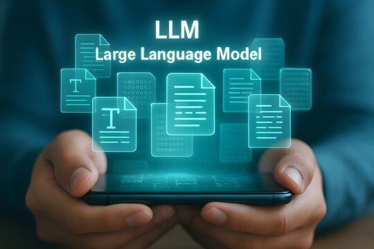 Hands holding smartphone displaying glowing icons of documents and text for llm