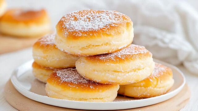 Delicious Fried Doughnuts: A stack of golden-brown, freshly fried doughnuts, dusted with powdered sugar, sits on a white plate, ready to be enjoyed.