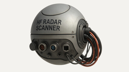 Close-Up Render of High-Frequency Radar Scanner Ball Unit with Exposed Wires and Ports on White Background