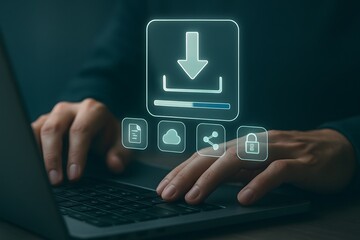Hands typing on laptop with glowing download and data icons overhead