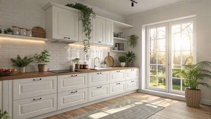 Fototapeta premium Bright Kitchen Interior Design: Sunlit kitchen with white cabinets, wooden countertops, and various plants, creating a bright and airy atmosphere.