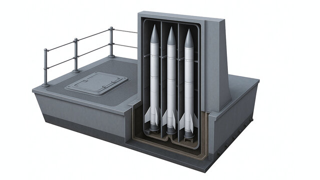 Cross-Section View of Naval Ship Deck Segment with Exposed Vertical Launch Cell and Internal Missiles on White Background
