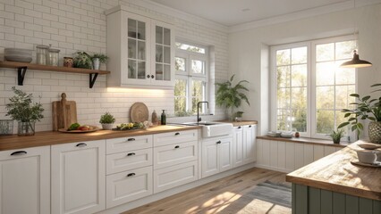 Fototapeta premium Bright Farmhouse Kitchen: A sun-drenched farmhouse kitchen boasts a rustic-chic aesthetic with white cabinetry, wood countertops, and a large window overlooking a tranquil garden.