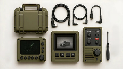 Fototapeta premium Flat Studio Image of Portable Air Defense Toolkit with Radar Scope, Thermal Reader, and Launch Controller on White