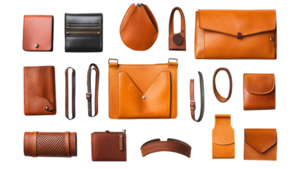 • A collection of stylish vegan leather accessories, isolated on white background in HD 