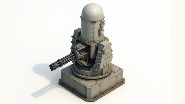 Isometric View of Naval CIWS Multi-Barrel Rotary Cannon for Missile Interception &ndash; Photorealistic on White