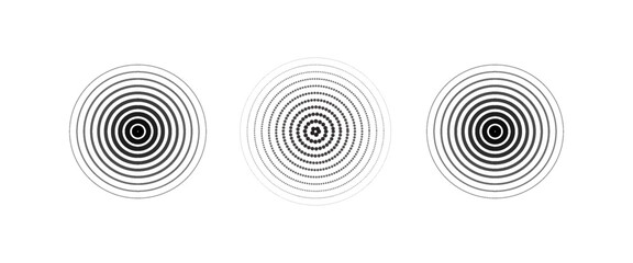 Black concentric circle set. Sonar or sound wave ring collection. Dotted and linear epicentre, target, radar icon concept. Ripple radial signal or vibration elements. Vector line and halftone symbols