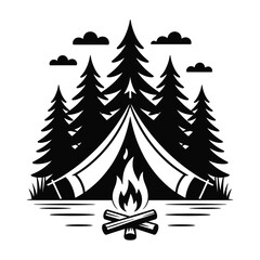 Obraz premium Vector illustration of a camping tent with campfire, isolated black and white line art