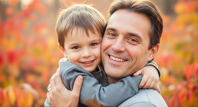 A smiling father hugging his son in front of a colorful autumn backdrop - Powered by Adobe