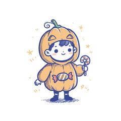 Fototapeta premium Child in pumpkin costume holding candy on white background 