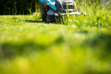 Lawn mower positioned on lush green grass, surrounded by sunlight and nature, showcasing outdoor...