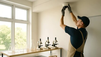 Professional technician installing ceiling light fixture in modern laboratory workspace indoor setting focused action