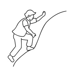 Line a person climbing a hill with outstretched arm reaching outline upward