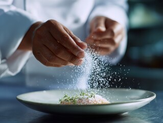 A chef is hand seasoning a dish with salt flakes, professional kitchen