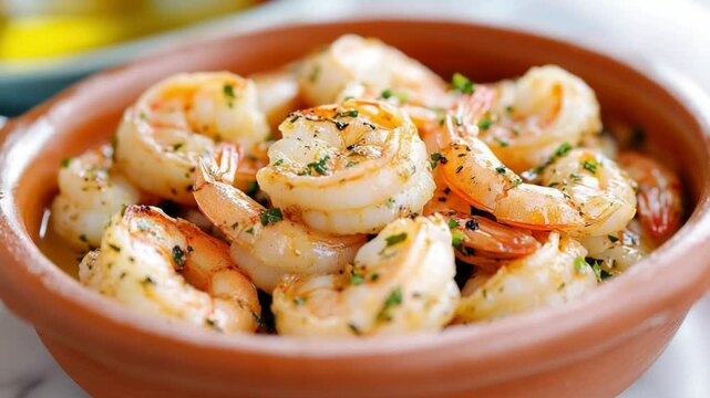 Garlic Shrimp in Clay Bowl: Close-up of succulent garlic shrimp, seasoned to perfection and served in a rustic clay bowl. The shrimp's delicate texture and rich flavor are highlighted.