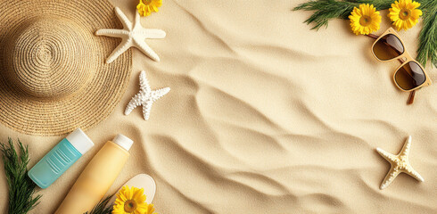 Summer beach sand background with hat, sunglasses and starfish for travel and vacation