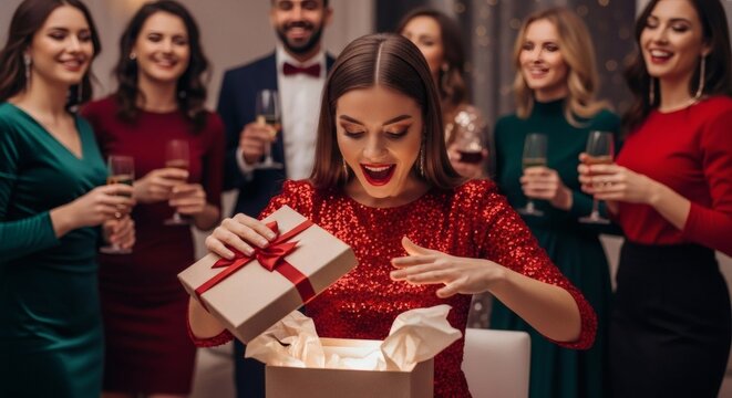 A woman is thrilled to unwrap her gift, surrounded by cheerful friends at a party