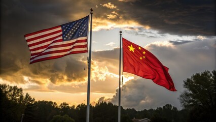 American flag and China flag wave together against dramatic sky backdrop symbolizing global relations.