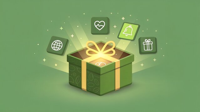   free trial 30 day vector featuring a glowing olive gift box unveiling a sleek productivity app icon, ultra-clean minimalist design, vibrant earthy tones, sharp vector style