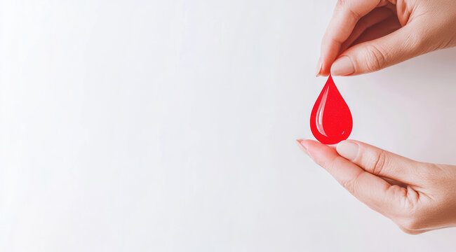 Woman's hands holding a red blood drop on a white background symbolizing donation and world blood donor day - Powered by Adobe