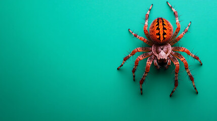 Obraz premium Close-up of a vibrant orange spider on a teal background, showcasing its intricate details