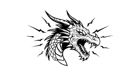 Illustration of a roaring dragon head with sharp scales and horns art