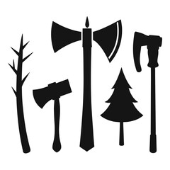 Axe and woodcutting tool silhouettes black