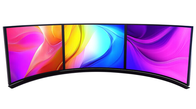 • A collection of vibrant digital wallpapers on a curved screen, isolated on white background in HD 