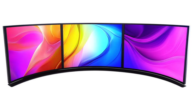 • A collection of vibrant digital wallpapers on a curved screen, isolated on white background in HD 