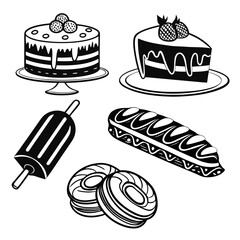 Black and white dessert icons cake slice macaron rolling pin