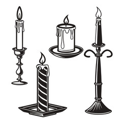 Black and white illustration of five candles in holders