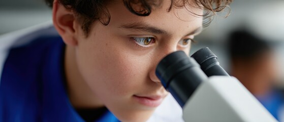 A young student using a microscope in a biology class, focused, exploration