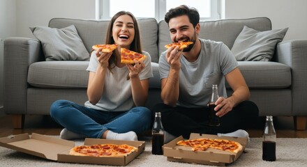 A cheerful couple shares pizza and drinks while enjoying time at home.