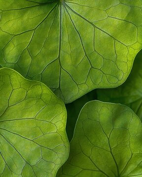 extreme closeup of gotu kola leaves with water droplets and visible veins