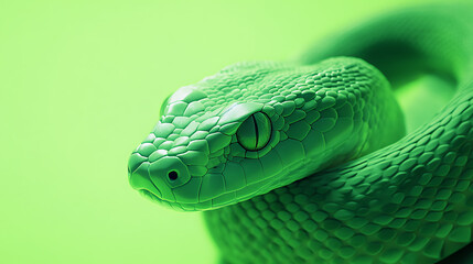 Obraz premium Close-up of a vibrant green snake coiled against a soft green background, highlighting its scales
