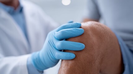 A doctor is hands examining a patient is knee, sports injury, recovery
