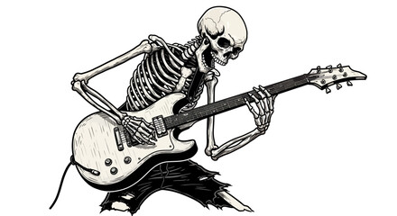 Skeleton playing electric guitar with ripped pants in black and white