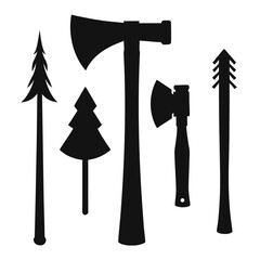 Black silhouettes of axes and trees hatchet woodcutting