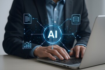 Man using laptop with ai interface and data visualization graphics