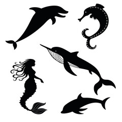 Obraz premium Black silhouettes of sea creatures and mermaid white