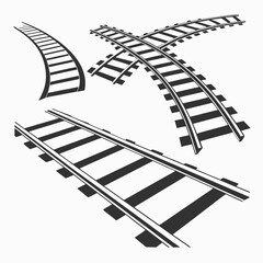Black train tracks crossing and curving railway railroad