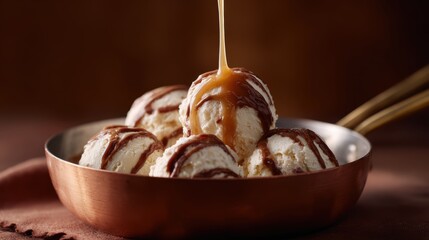 Close-up of ice cream balls in a copper saucepan drizzled with caramel sauce, captured in freeze motion, rich textures and warm brown background creating a cozy dessert atmosphere